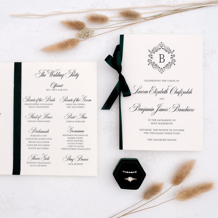 Wedding Program Booklet with Hunter Green Silk Ribbon Sample