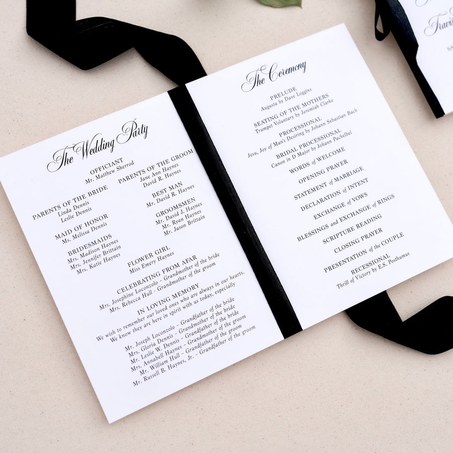 Wedding Program Booklet with Black Silk Ribbon Sample