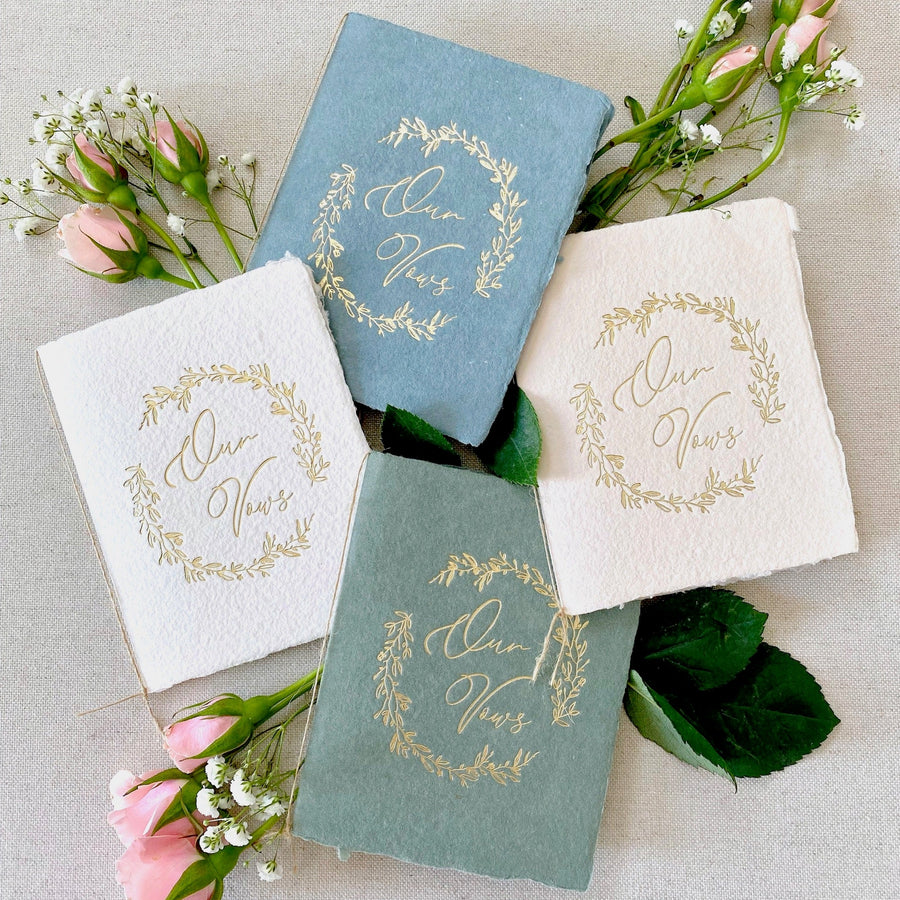 Green Handmade Paper Vow Book with Gold Foil